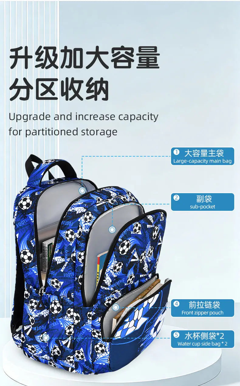 Blaues Jungen-Fußball-Schulrucksack-Set mit drei Teilen: strapazierfähiges Stoffdesign und mehrere Fächer für eine geordnete Aufbewahrung