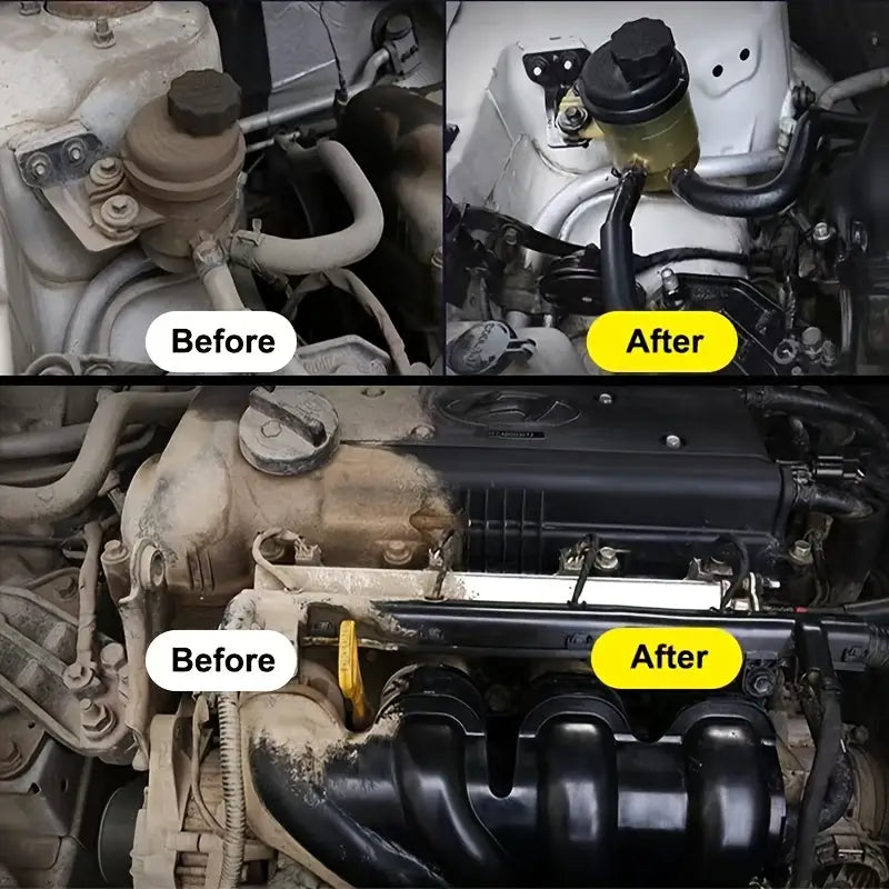 Cleaned engine components with a matte black finish and metallic accents showcasing the effectiveness of the engine bay cleaner and plastic restorer.