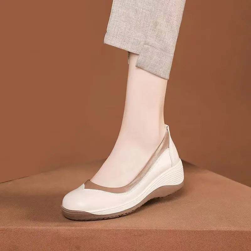 Women's Leather Wedges Casual Shoes Spring Autumn New Thick Sole Non Slip Shallow Slip On Round Toe Lightweight Work Shoes