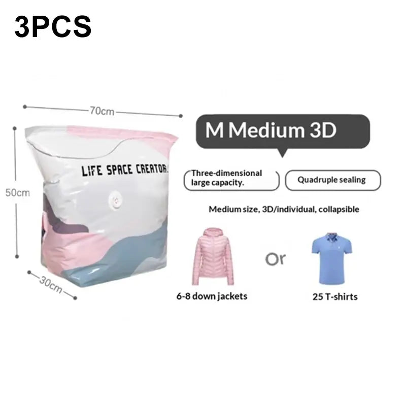 Mittelgroßer 3D-Vakuum-Aufbewahrungsbeutel mit einem weichen Farbverlauf in Rosa, Weiß und Hellblau zur Aufbewahrung von Kleidung und Quilts.