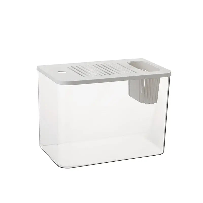 Clear plastic transparent desktop fish tank with a gray perforated lid and integrated handle designed for desktop use.