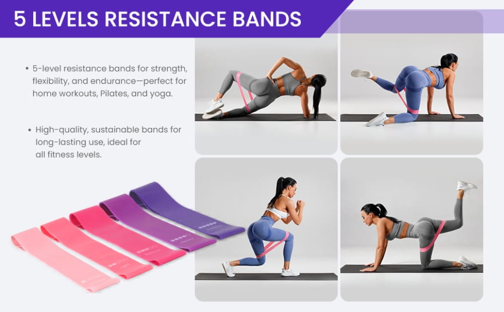 Set of five resistance bands in vibrant pink purple and magenta hues made of sleek elastic material for strength training included in pilates equipment kit 13-piece fitness set.