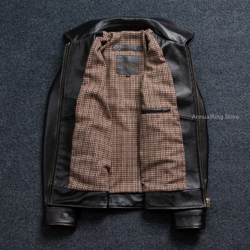 1930s Tooling Leather Jacket Men's First Layer Cowhide Business Genuine Leather Jacket Tea Core Cowhide Jacket Lapel