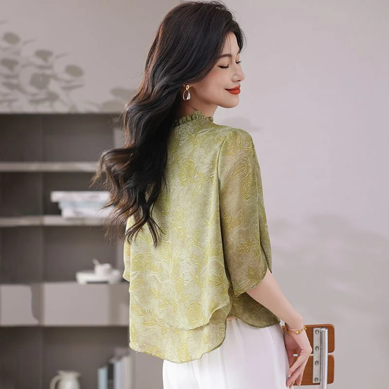 Summer Casual short sleeves Shirt Fashion Ruffles Round neck  Blouses Women's Clothing  Elegant Top