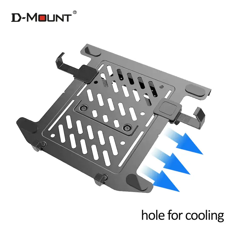 Schwarzer D-Mount-Laptop-Kühlständer mit perforiertem Metall-Design und verstellbaren Klemmen für 10 bis 17 Zoll-Laptops.