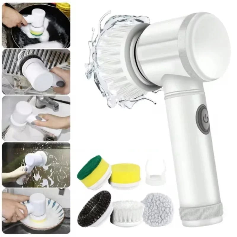 Cepillo de limpieza eléctrico blanco de giro con cerdas intercambiables, para tareas versátiles de lavado de vajilla y limpieza del hogar.