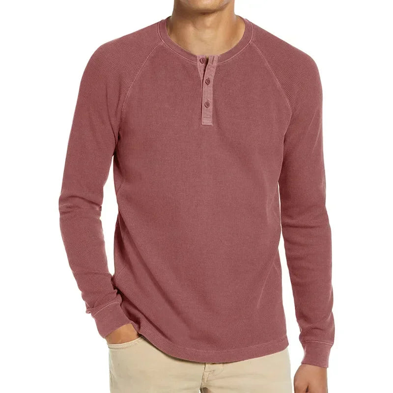 2026 Men's Long Sleeve Waffle T-shirts Fashion O-neck Bottoming Shirts Male Solid Button Casual Tops Soft Versatile Men's Shirts