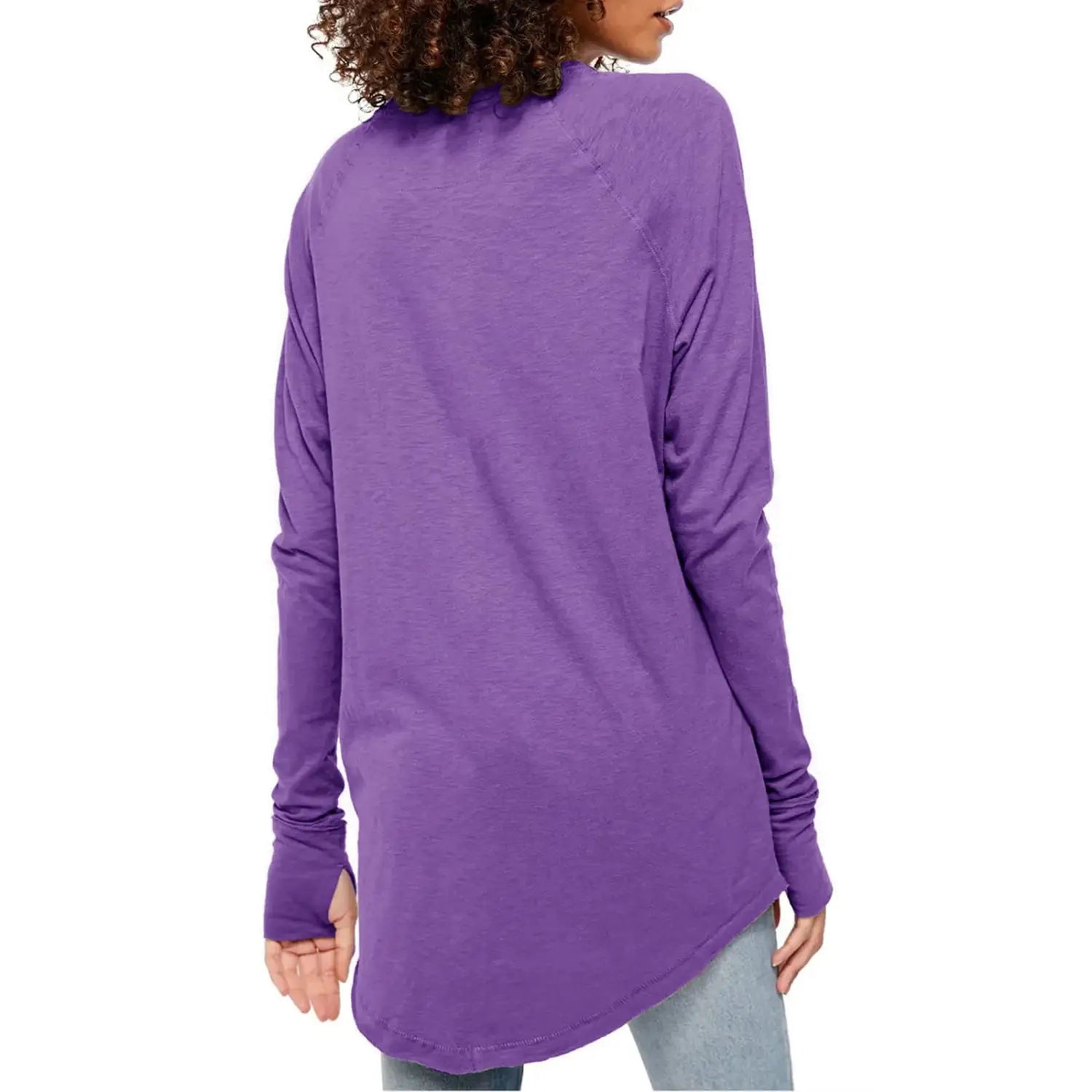 Purple long sleeve women long sleeve cotton tunic top with a relaxed fit and asymmetrical hemline.
