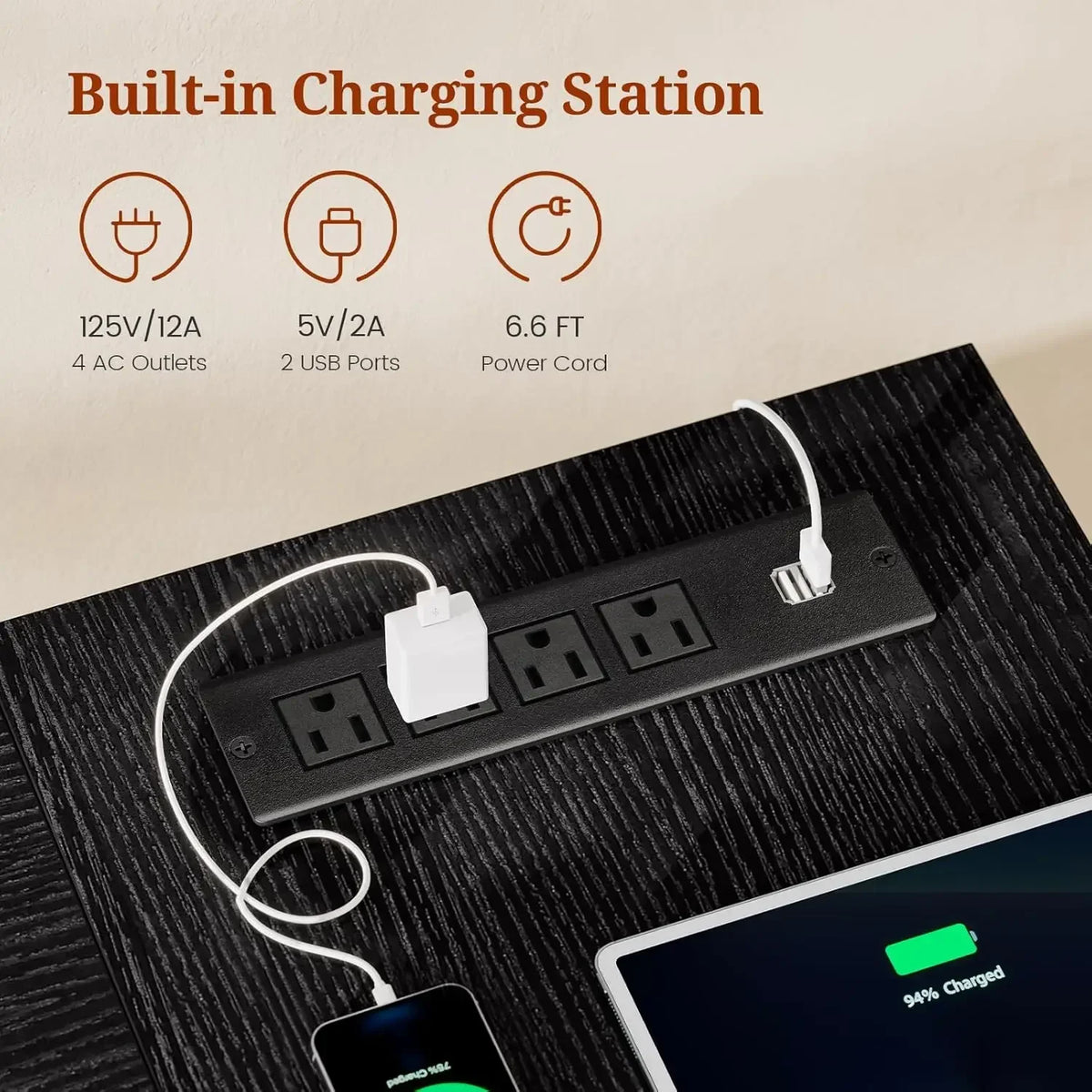 Eco-friendly 55.9 In Executive Desk With Power Outlets, Modern Home Office Desk With Storage Cabinet, Wood Computer Desk Busines