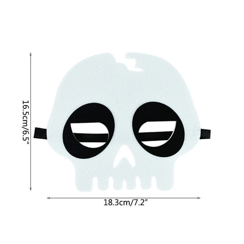 A translucent white skull-shaped halloween pumpkin ghost diy mask with black eye cutouts, a horizontal white stripe, and small black elastic straps for a felt party costume.