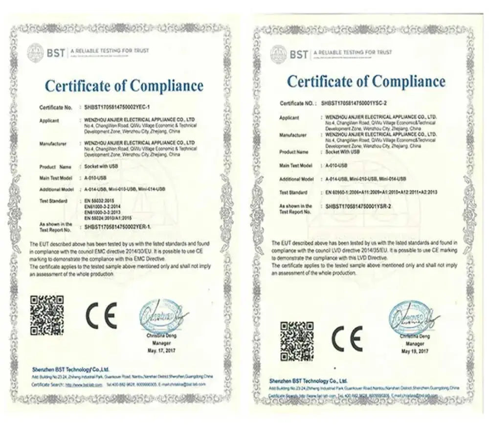 Two official compliance certificates from bst technology co., ltd for the embedded wireless desktop charger 15w are displayed.