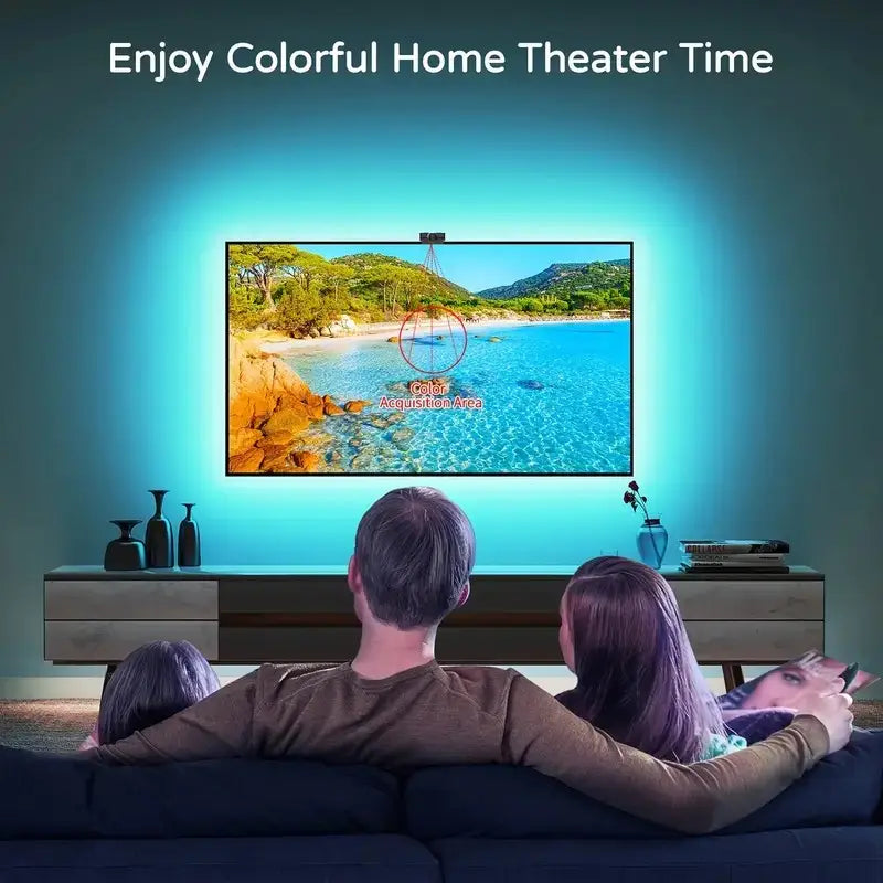 a sleek modern flat-screen television featuring a style smart led tv backlight strip with vibrant blue rgb ambient lighting along the bottom edge displaying vivid beach scenery