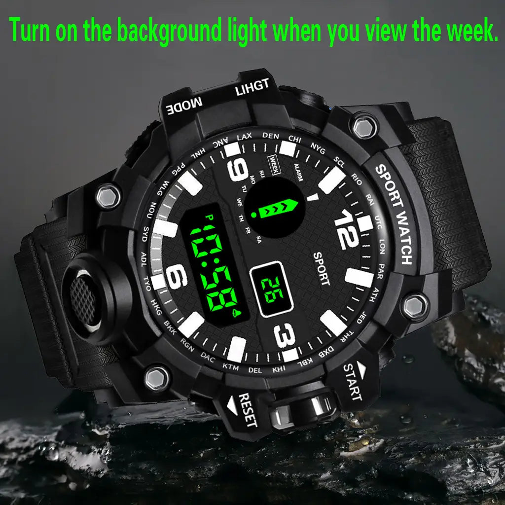 Wasserdichte digitale Sportuhr für Herren mit großem Zifferblatt, schwarze digitale Anzeige mit grünen LED und texturiertem Gummiband.
