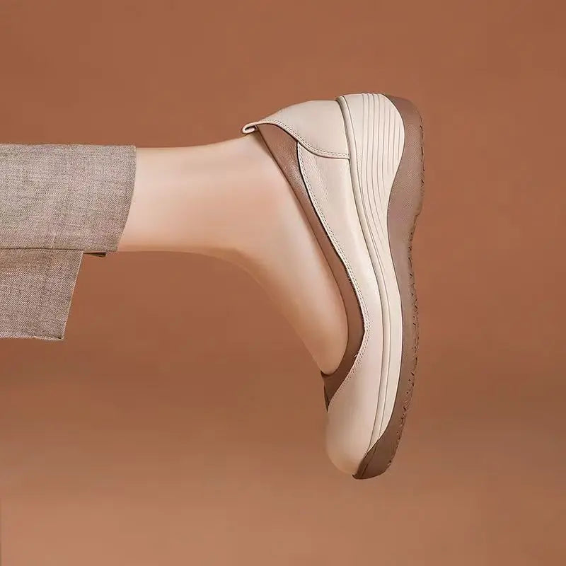Women's Leather Wedges Casual Shoes Spring Autumn New Thick Sole Non Slip Shallow Slip On Round Toe Lightweight Work Shoes