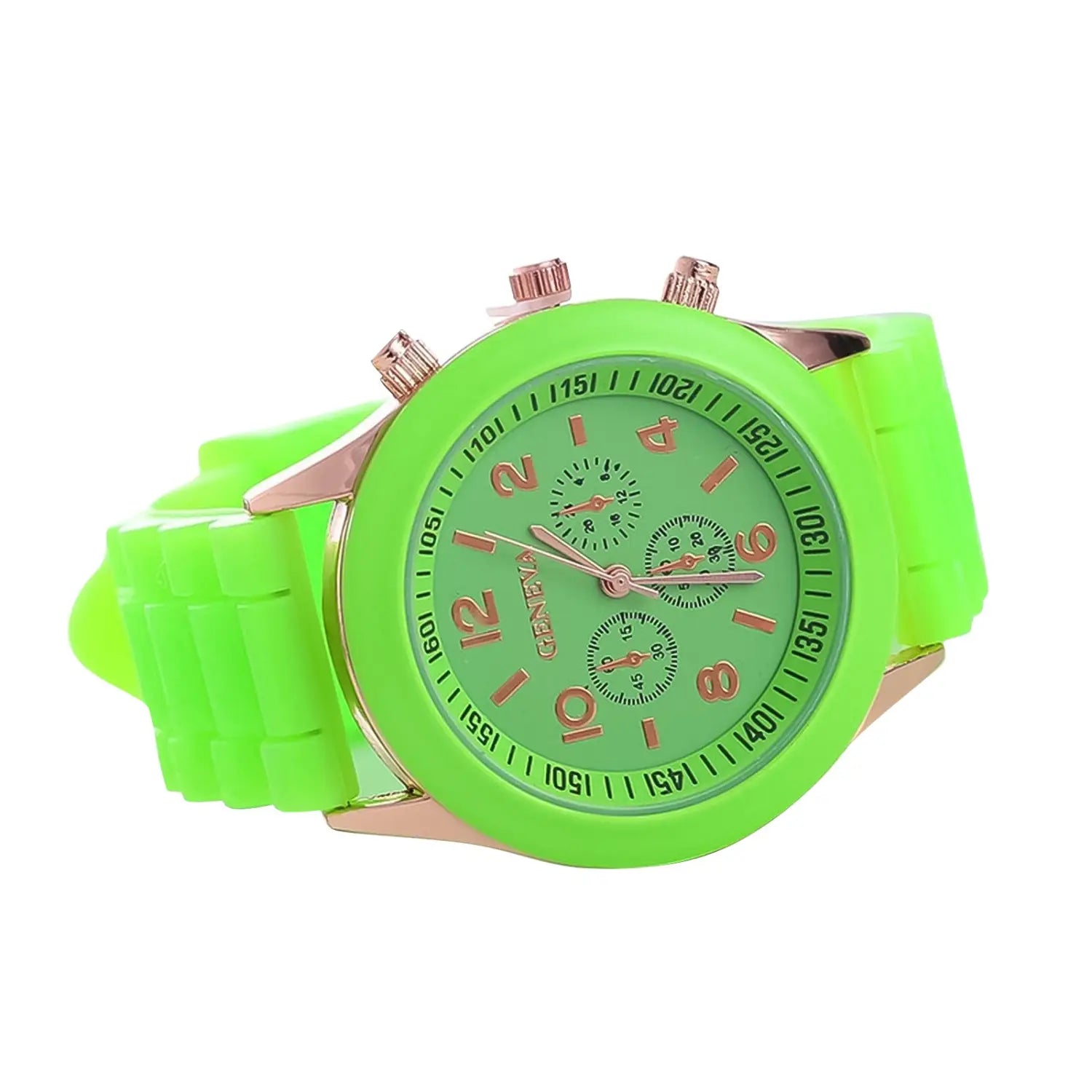 Women silicone quartz watch fashion chronograph featuring a vibrant lime green dial with rose gold-tone accents and a matching silicone strap.