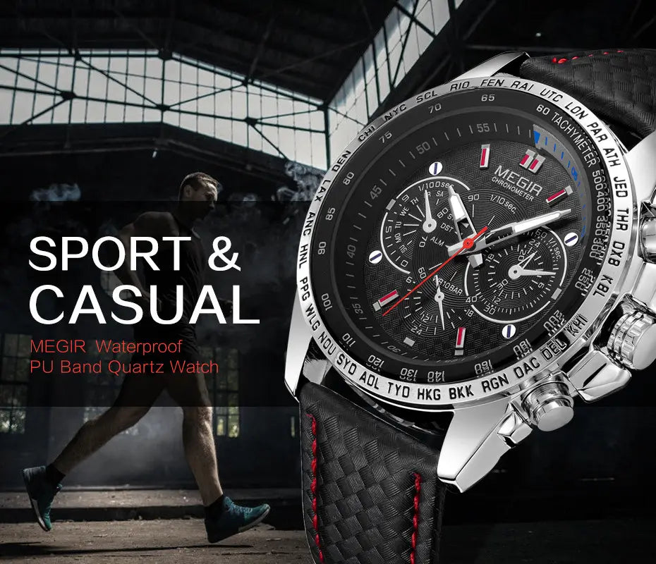 Megir 1010 men quartz chronograph watch with a silver-toned case, black dial featuring multiple subdials and red accent hands, and a textured carbon-fiber PU band.