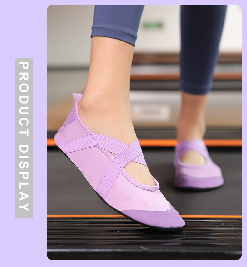 Purple women yoga shoes with cross-strap design and soft flexible anti-slip sole for fitness flats