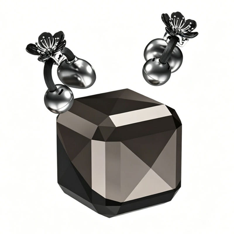 schwarze, facettierte Kristall-Bluetooth-TWS-Ohrhörer mit silberfarbenen floralen Ohrring-Akzenten, mit kompakter und praktischer Ausführung sowie neuester Bluetooth-Version.