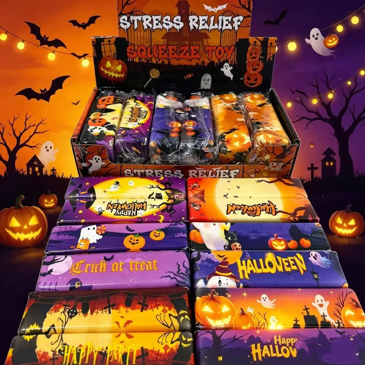 Halloween- langsam ansteigende Butter-Quetschtiere in farbenfroher Verpackung mit Kürbisgesichtern, Geistern und Fledermäusen zur Stresslinderung und zum sensorischen Spiel.