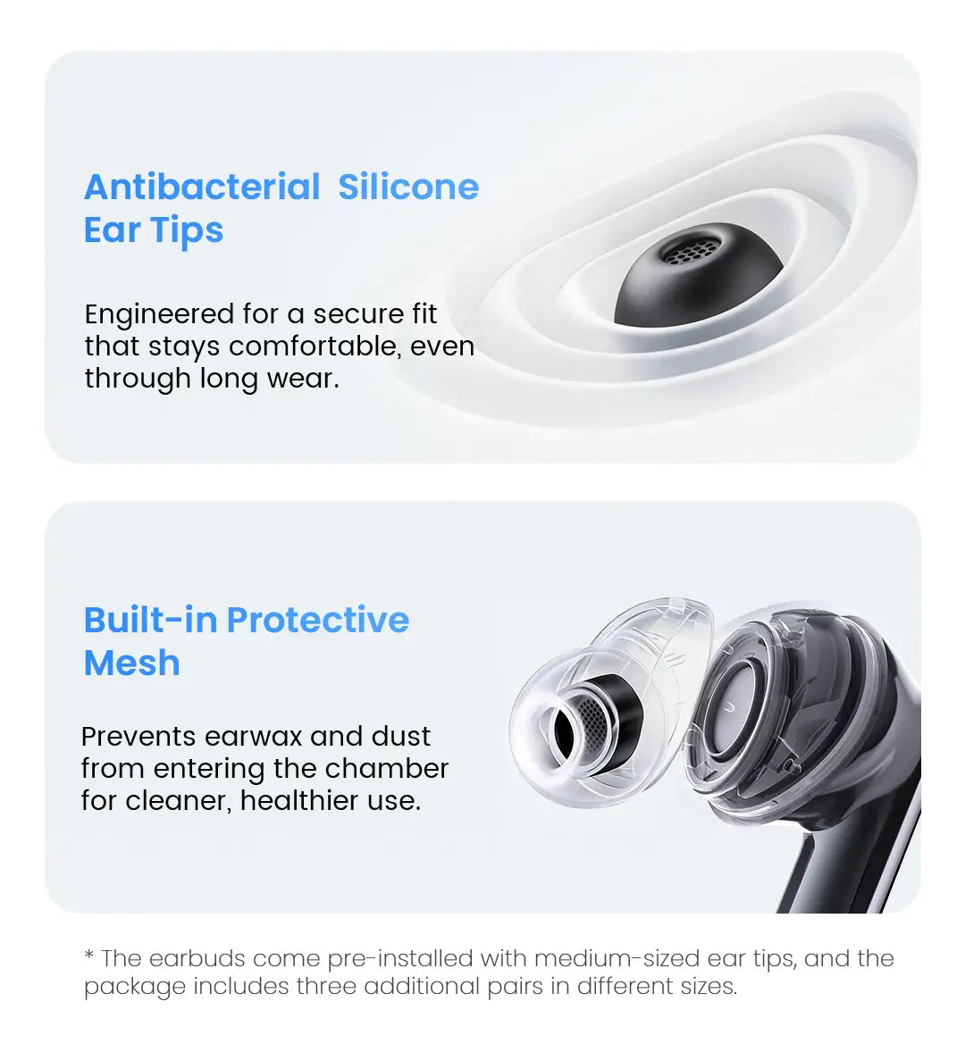Embouts d’oreille en silicone antibactériens avec un noyau intérieur noir et une coque extérieure transparente, conçus pour un maintien confortable et sûr pendant un port prolongé avec les écouteurs sans fil Haylou Flowbuds N55, améliorant l’autonomie et l’utilisation avec l’étui de charge.