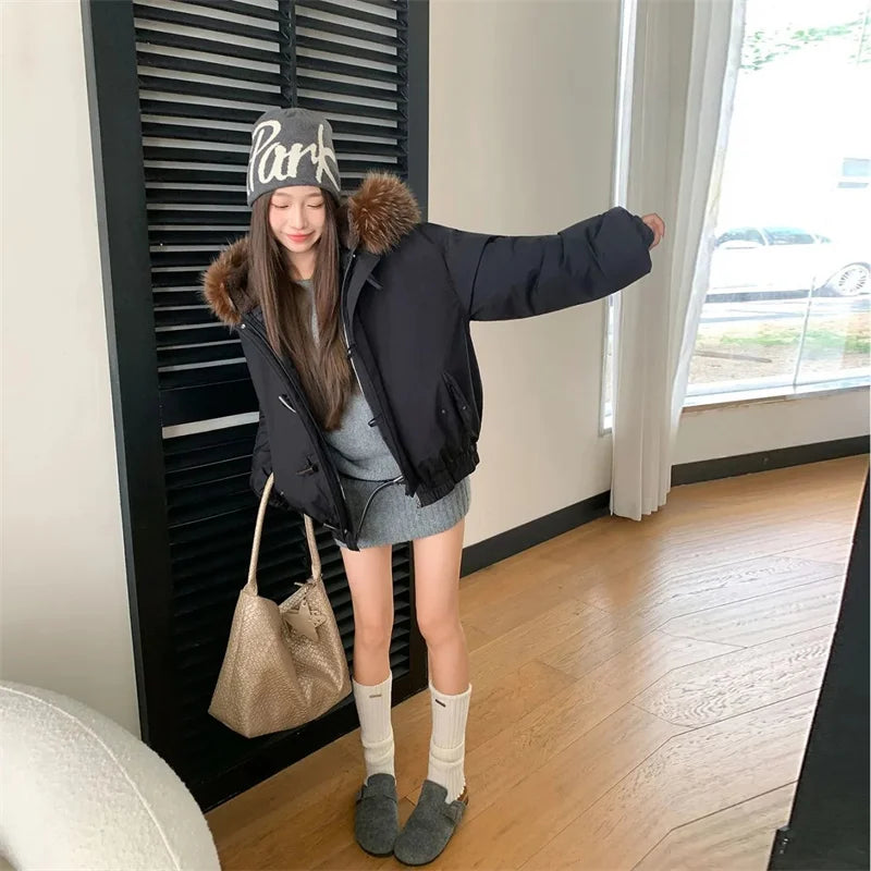 Warm Down jacket Ladies Pai Overcome Winter 2026 New Cotton Padded Coat Women Parkas Horn Hooded Outcoat Big fur collar Overcoat