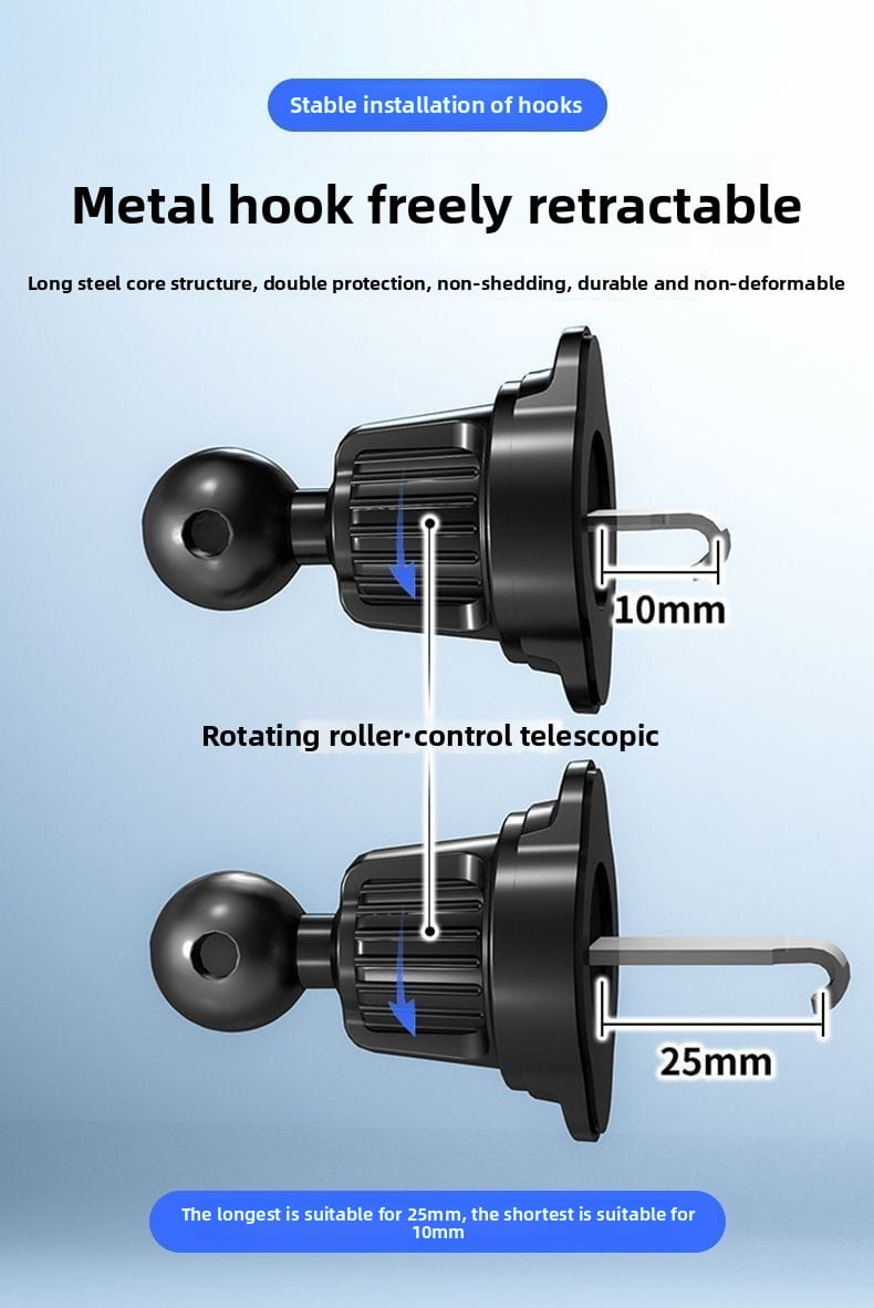 Black metal hook with retractable telescopic design featuring a long steel core structure and rotating roller control for adjustable length in the gravity car phone holder air vent mount.