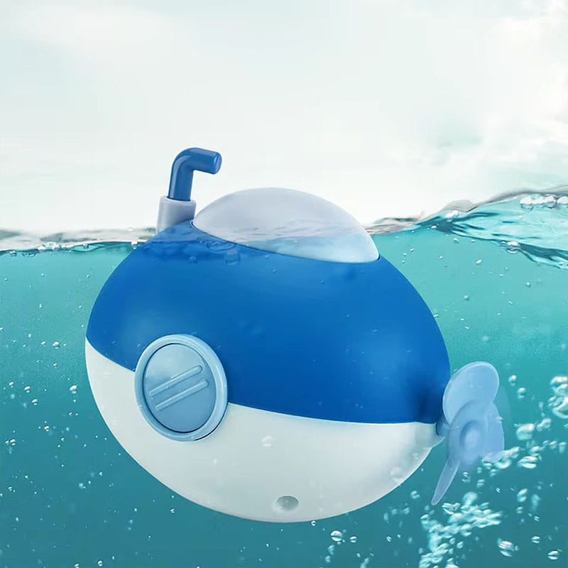 U-Boot-Bade-Spielzeug für Babys mit einem blau-weißen Kunststoffkörper, einer transparenten Kuppel, einem grauen Periskop, einem runden Fenster und einem Propeller.