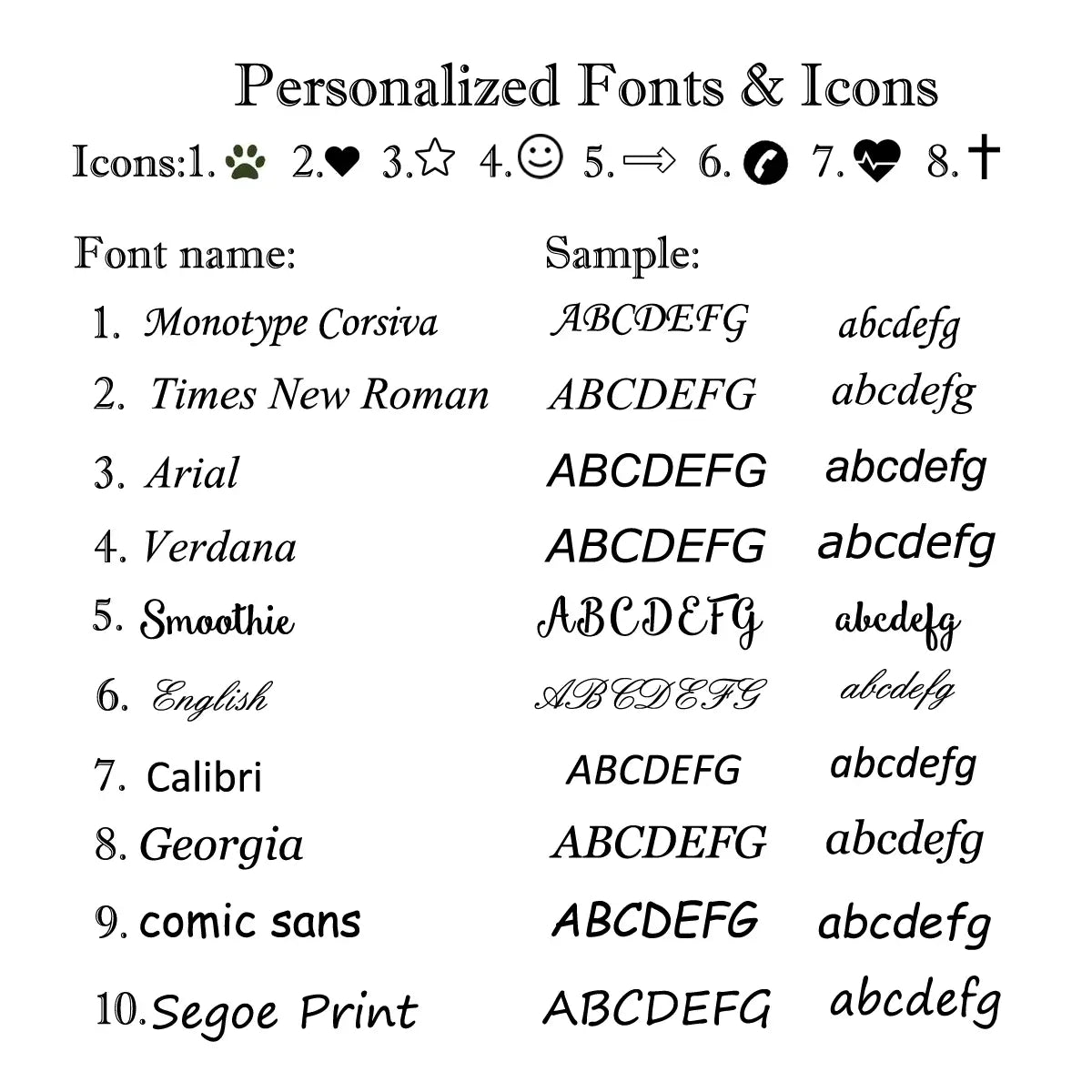Personalized fonts and icons selection sheet showcasing ten font styles and eight customizable icons for a custom photo leather keychain personalized picture gift.