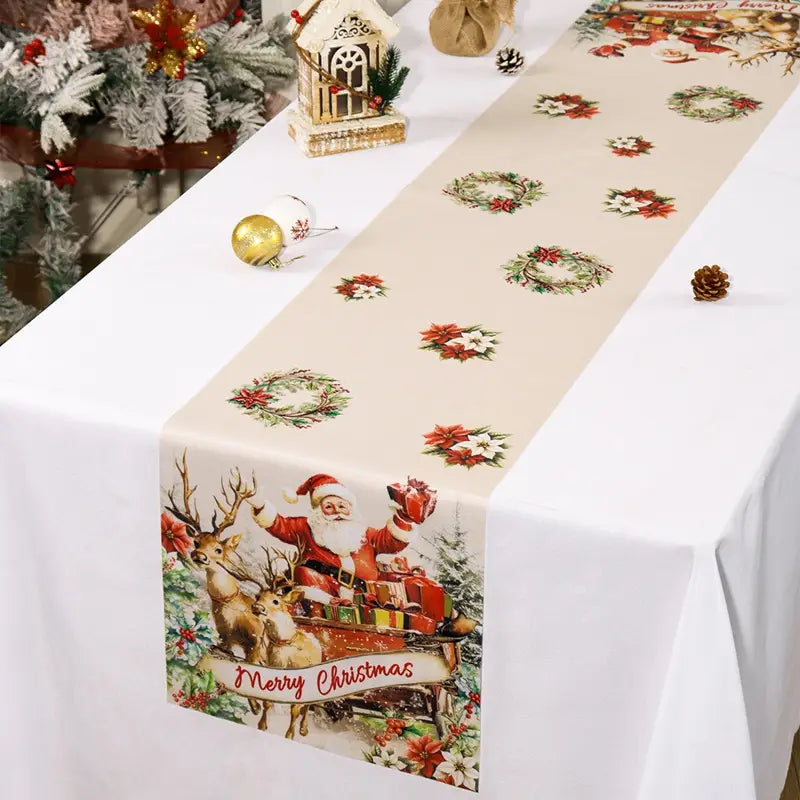 Beiger Vintage-Weihnachtsmann-Tischläufer mit einem festlichen Design aus Kränzen und Weihnachtssternen sowie einer zentralen Illustration von Santa Claus in seinem von Rentieren gezogenen Schlitten im rustikalen Landhausstil