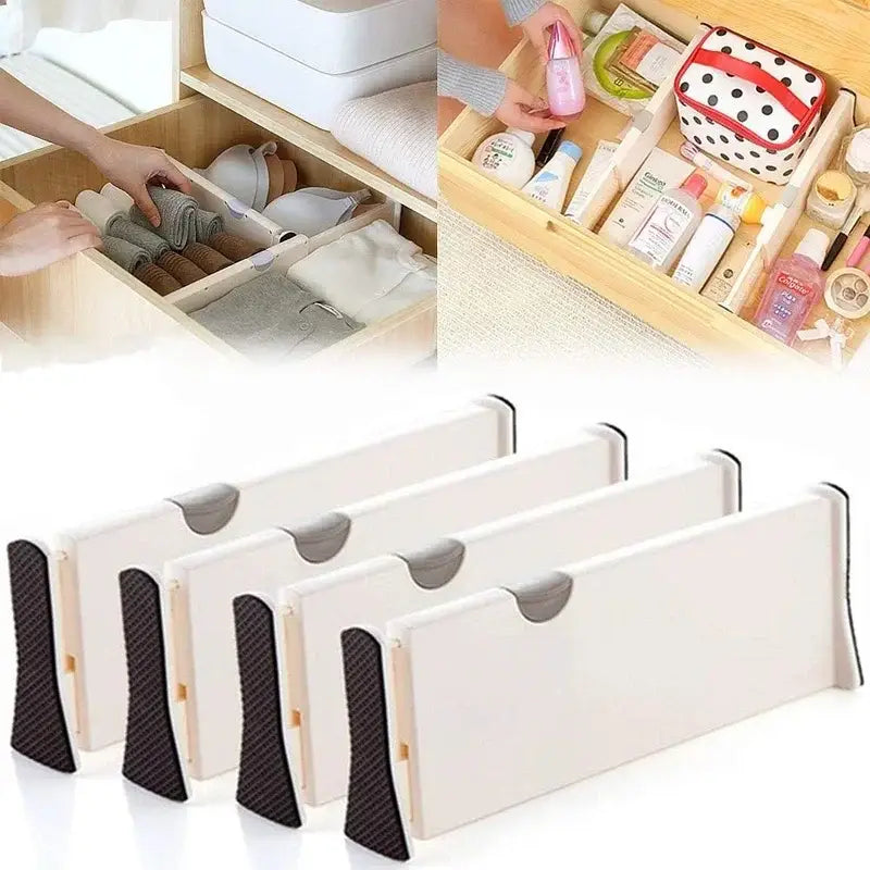 Set of four beige adjustable plastic drawer dividers with black carbon-fiber textured feet and gray handle cutouts for white storage partition.