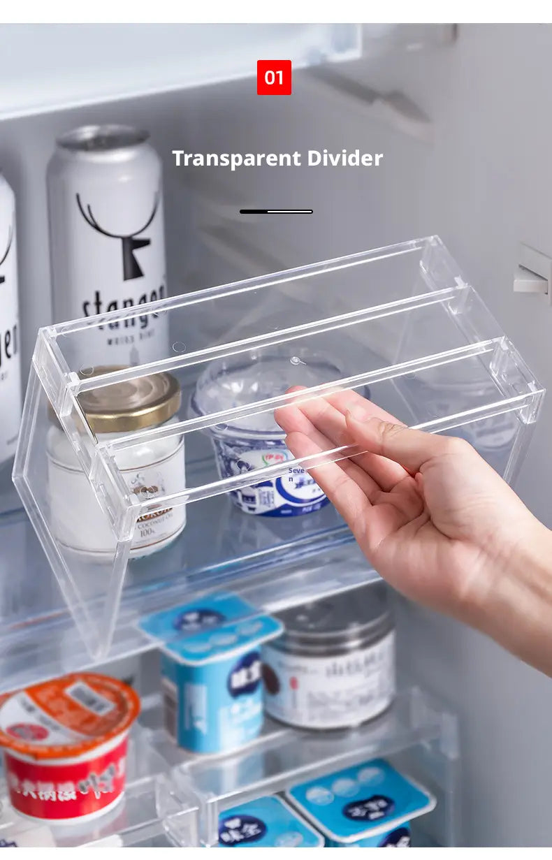 Clear expandable cabinet organizer and spice rack featuring a clear plastic refrigerator divider with a sleek transparent design.