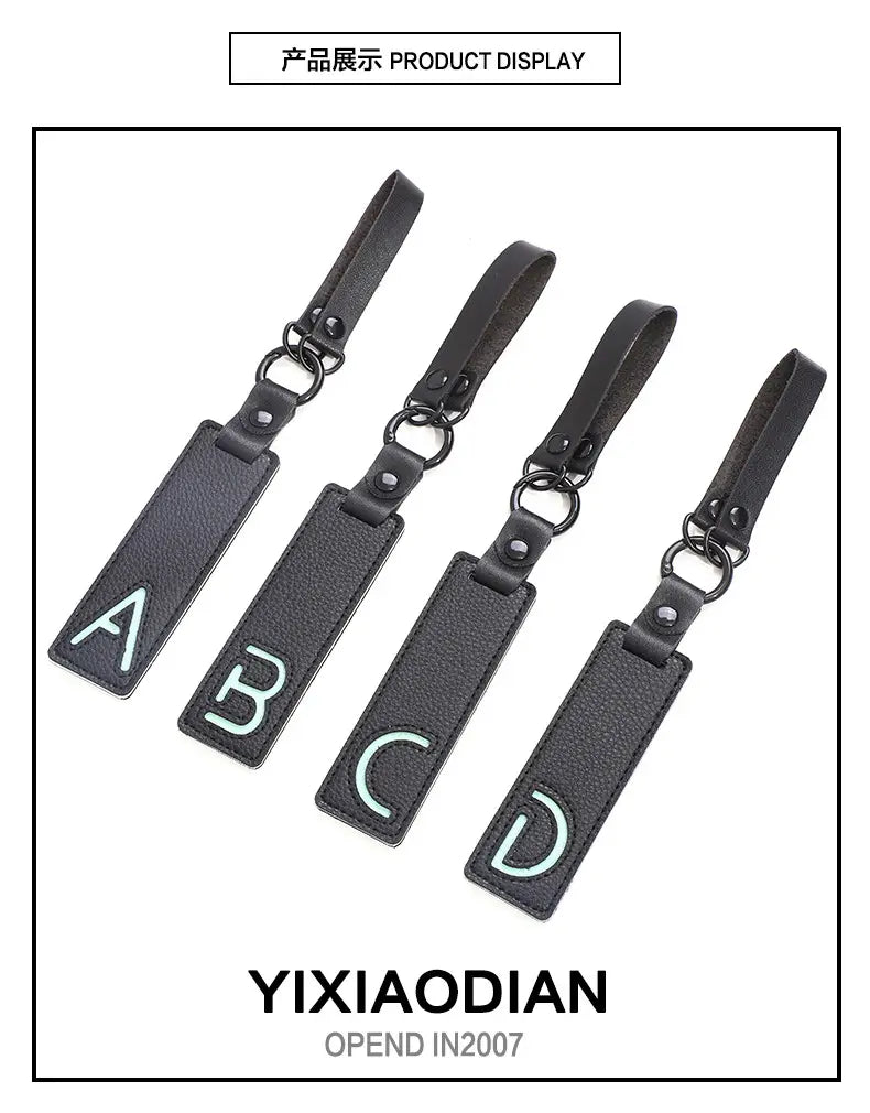 black leather luggage tags with light green embroidered letters a b c and d for letter keychain leather alphabet pendant party gift