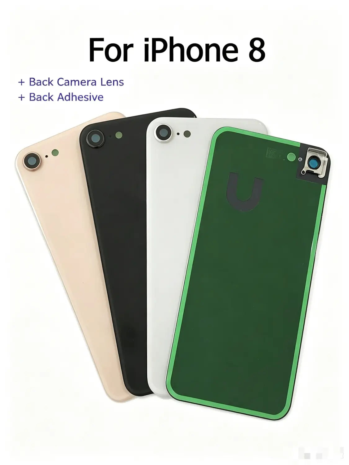 iphone 8 se2 se3 back glass housing camera lens frame with adhesive kit in gold black white and green shown from the back side
