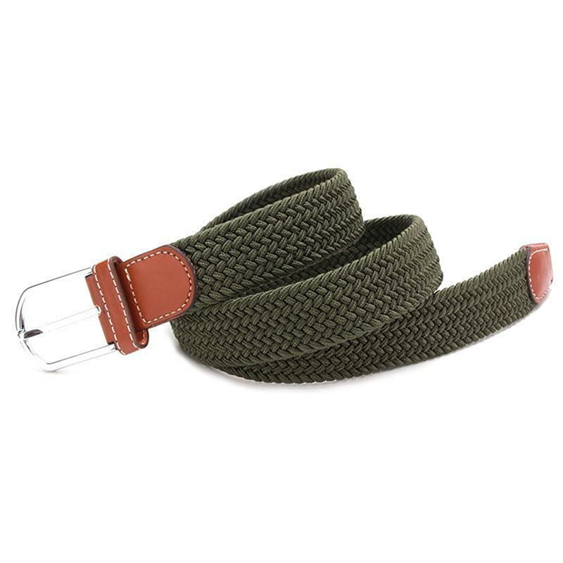 ceinture tactique en nylon pour hommes, avec un design en élastique tressé olive vert, une boucle argentée et des accents en cuir beige, pour un soutien réglable de la taille en extérieur.