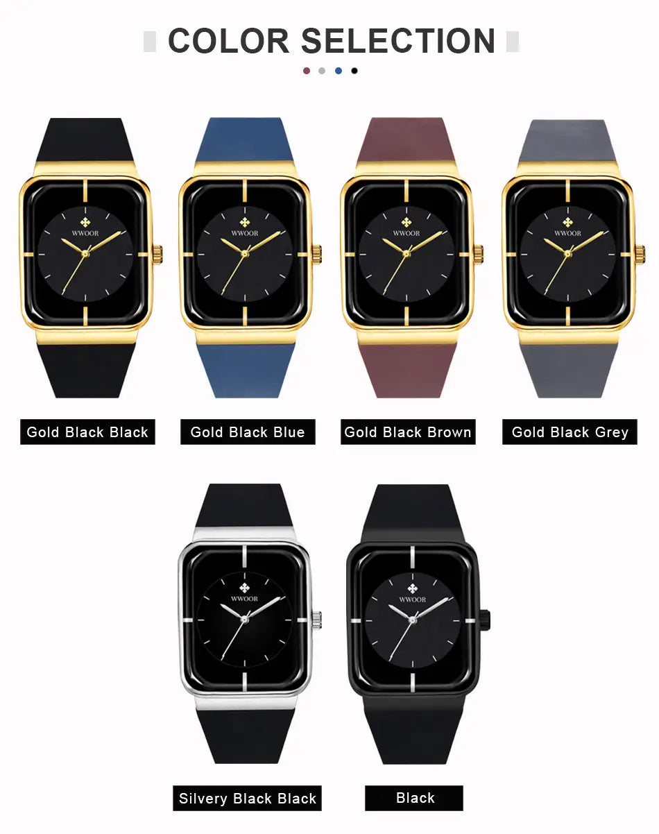 A sleek Wwoor gold rectangle quartz watch with a black dial and a gold-tone or silver-tone case and matching strap available in black blue brown grey and burgundy colors.