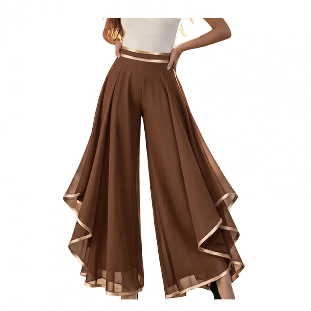 Brown high-waisted wide leg pants made of flowing sheer chiffon fabric with gold trim along the waistband and hem for summer wear.