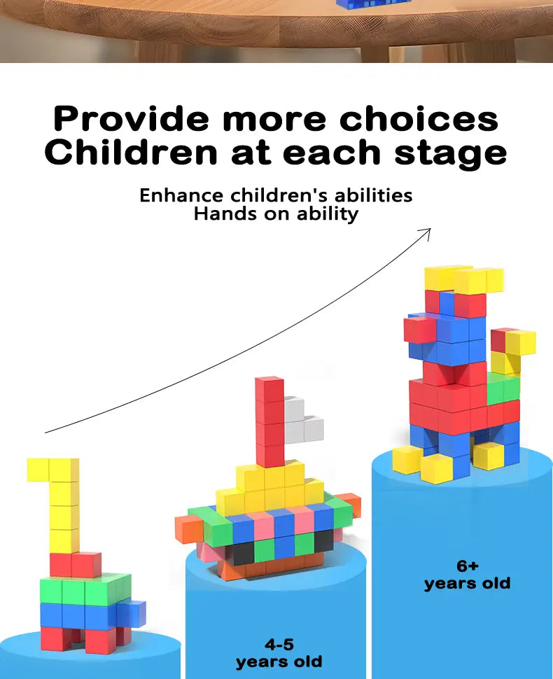 Des blocs de construction magnétiques en plastique coloré emboîtables agencés en structures étagées ludiques pour enfants, conçus comme des jouets éducatifs STEM.