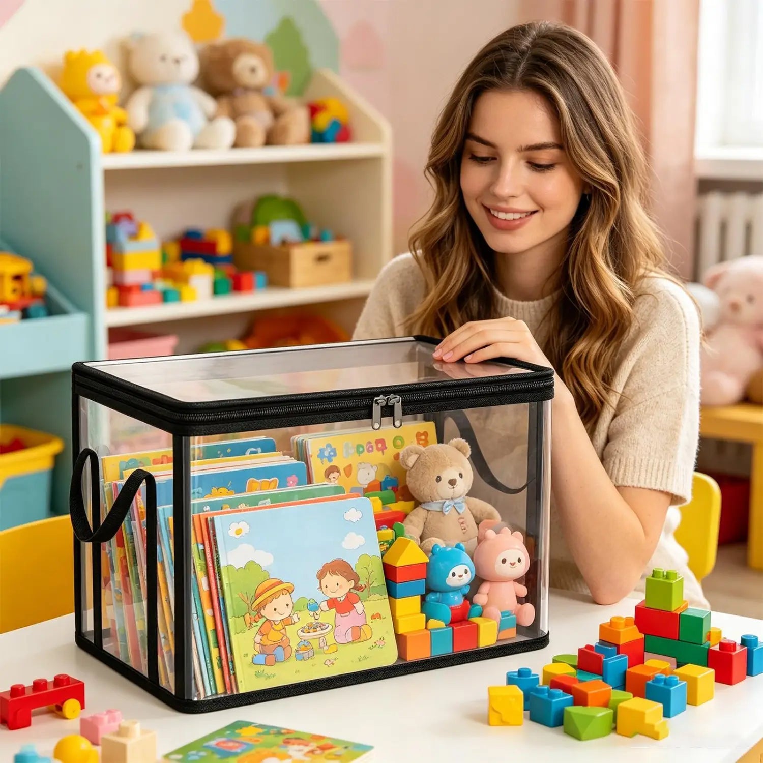 Bacs de rangement empilables en PVC transparent, avec corps en plastique transparent et bordure noire, simplifiant l’organisation en contenant des livres et des jouets pour enfants.