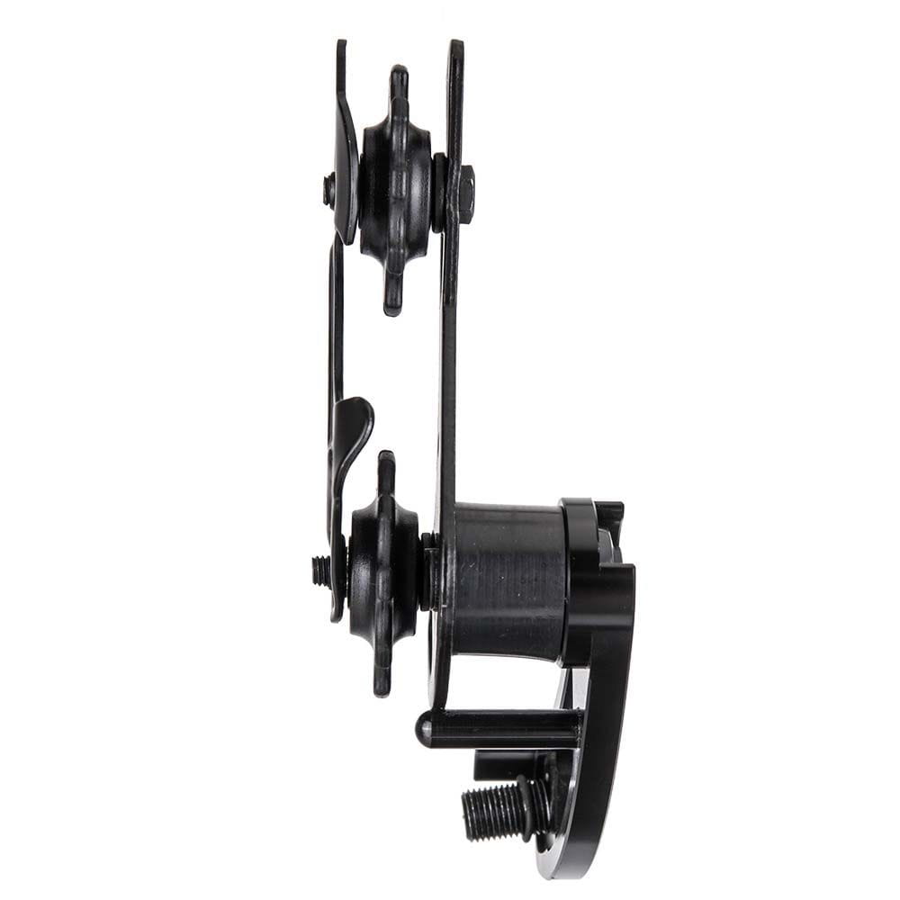 black metal aluminium alloy bike chain tensioner stabilizer derailleur hanger with adjustable mounting arms and threaded bolts shown from the back side