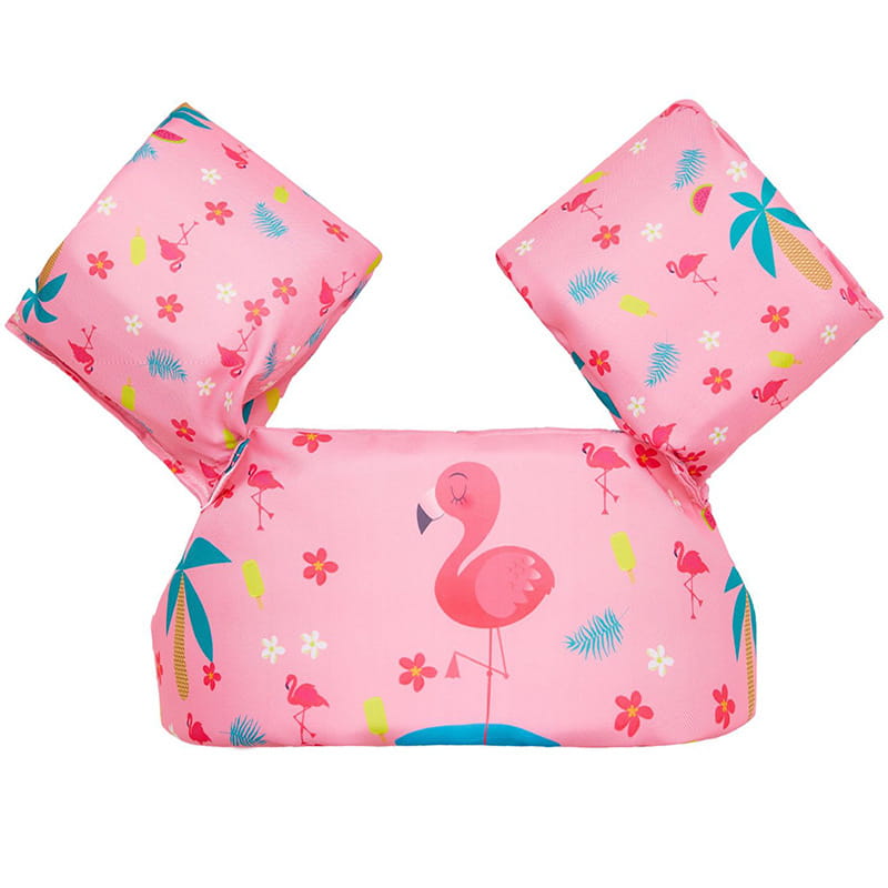 Pink flamingo-themed inflatable swim float featuring a playful tropical pattern designed as kids swim armbands foam buoyancy float vest for water safety.