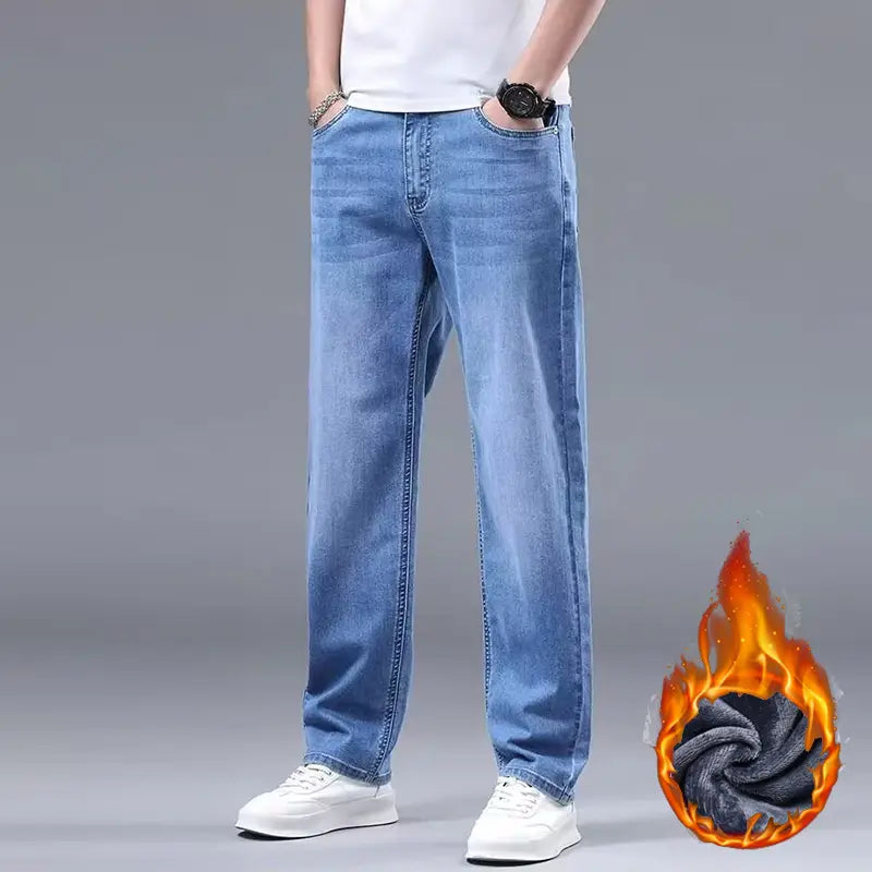 men fleece lined winter jeans in light-wash blue denim with a relaxed straight-leg cut and visible stitching details