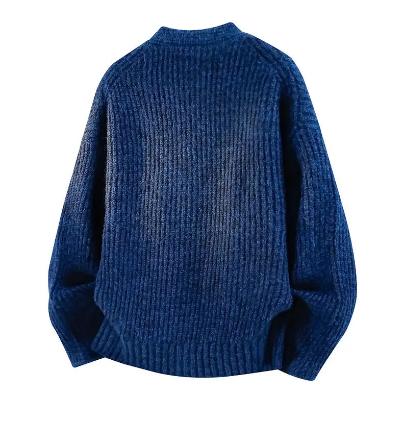 Herren-V-Ausschnitt-Strickcardigan in tiefblauer gerippter Strickware mit gemütlichem, strukturiertem Griff und entspannter Passform.