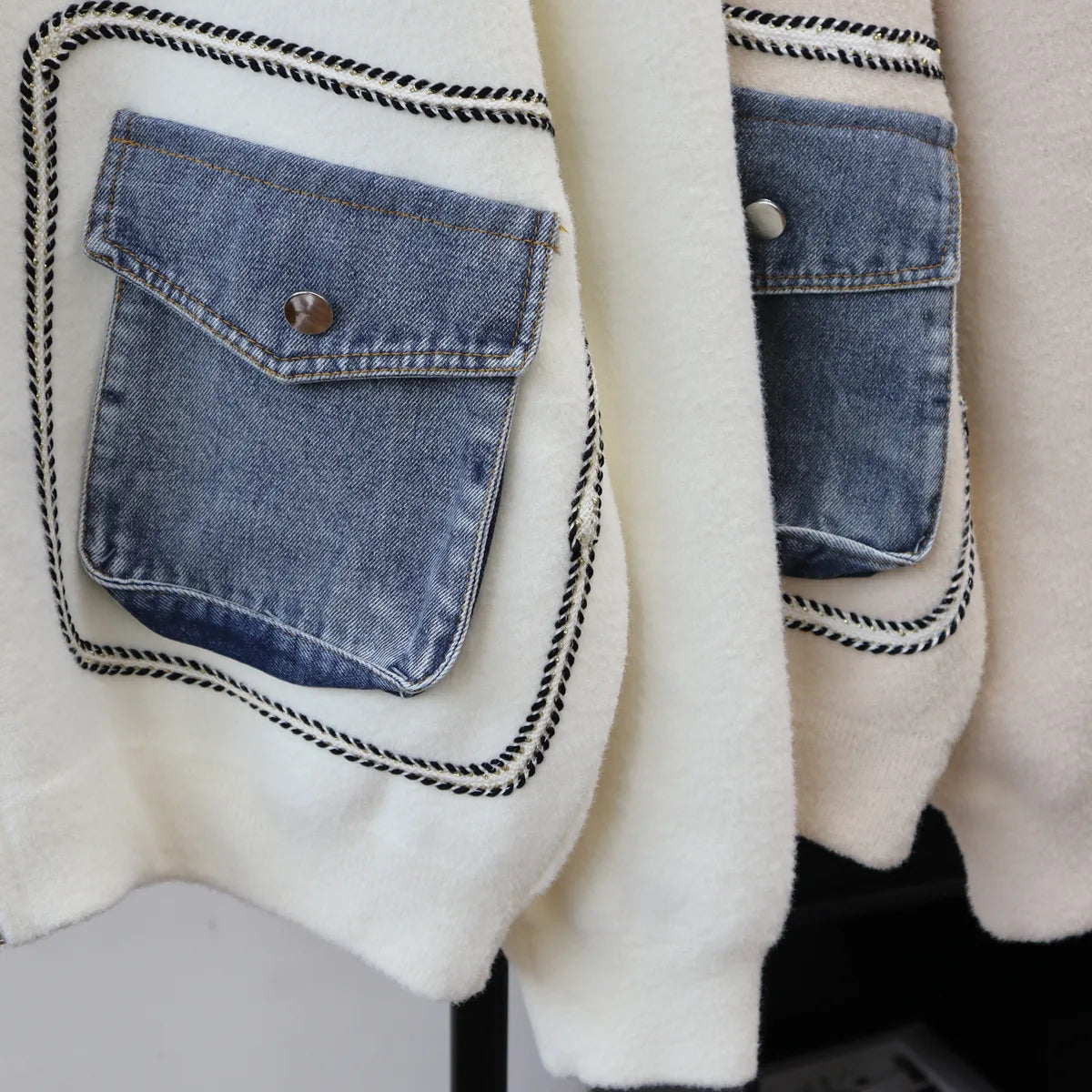 Women Wool Short Coats Casual Blends Jackets Patchwork Denim Pocket Sweater Pullover Zipper Loose Elegant Jumper 2025 Autumn