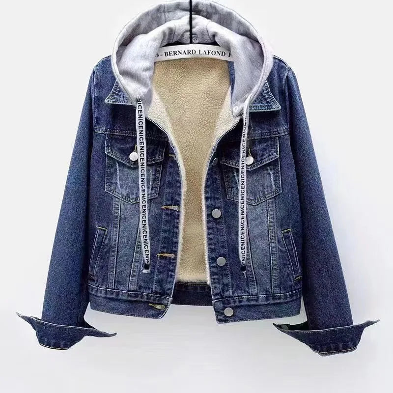 Jacket Coat Padded Jacket Women's Winter Denim Stylish Fleece-lined Thickened Hooded Warm Long Sleeves Cropped New Casual Niche