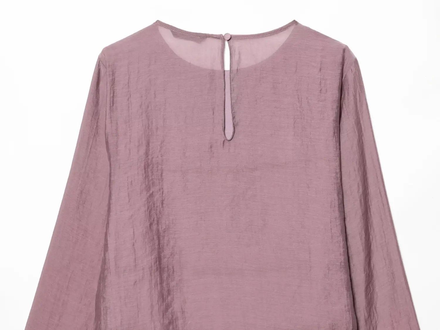 brown chiffon flare sleeve blouse in soft mauve with a subtle textured fabric and a simple round neckline featuring an elegant sleeve style