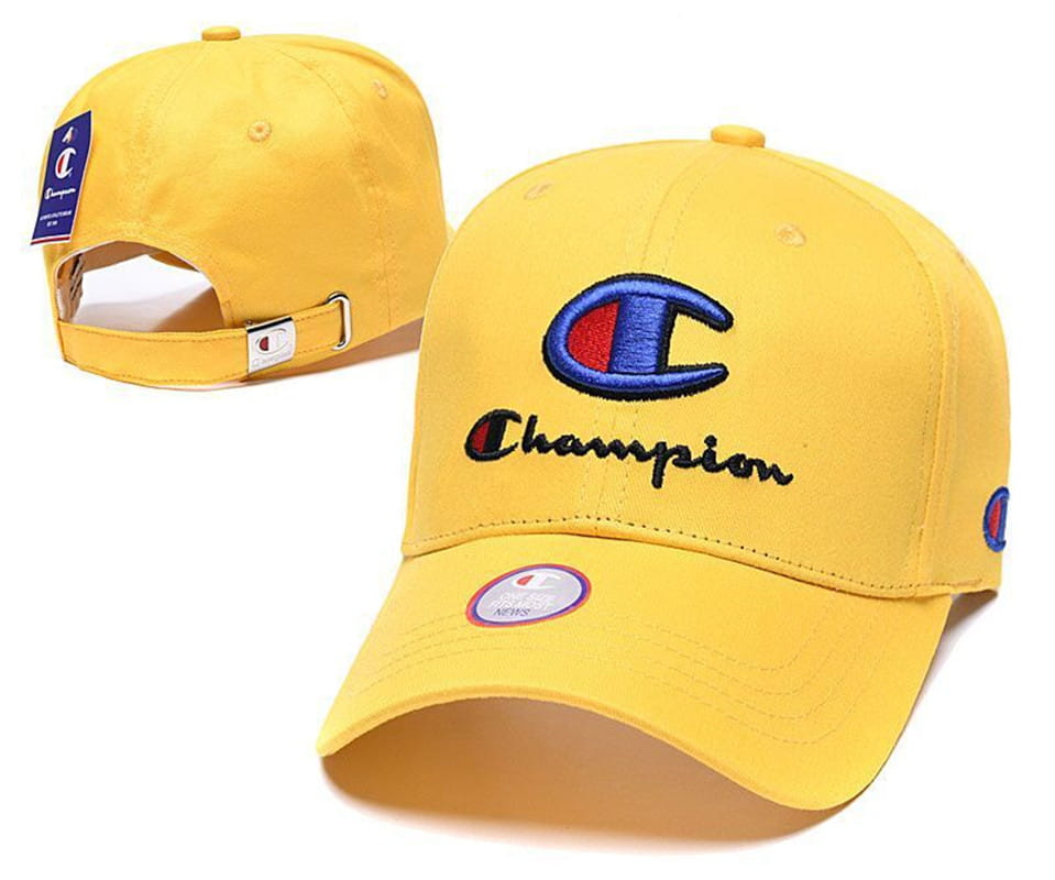 Yellow Champion baseball cap featuring an embroidered blue and red logo designed as a unisex summer sun hat.