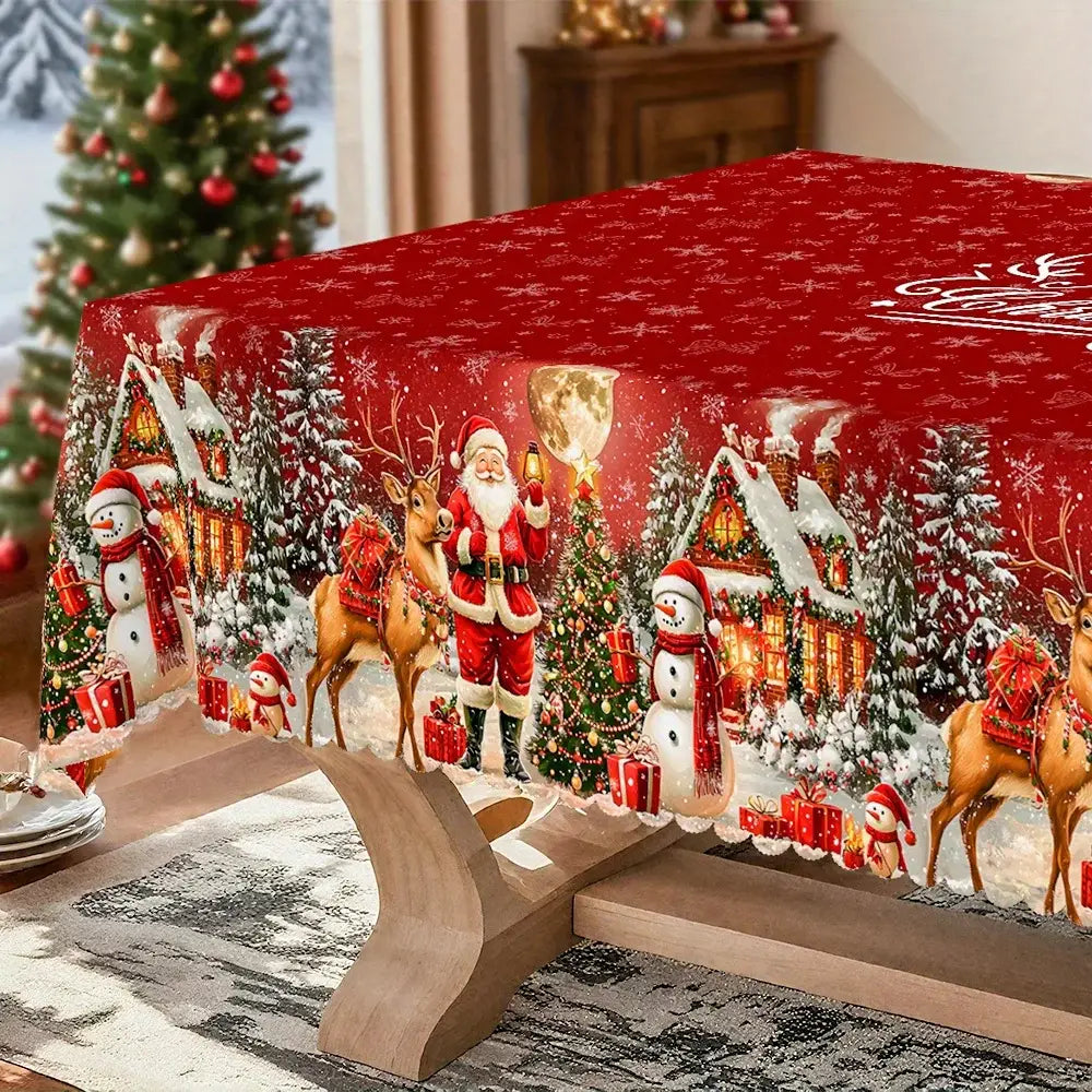 Red christmas tablecloth with santa claus reindeer snowmen and snowy houses featuring a festive pattern and lace trim for winter holiday use.