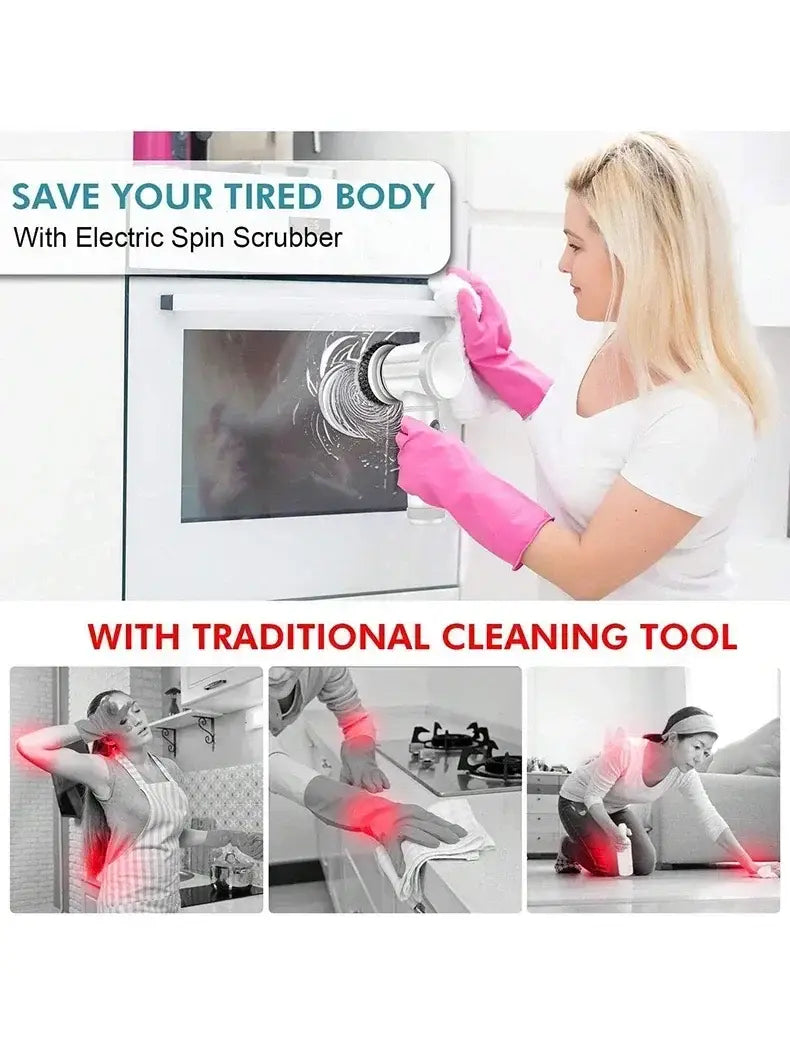 White electric spin scrubber with a rotating brush head designed for cordless electric cleaning of appliances.