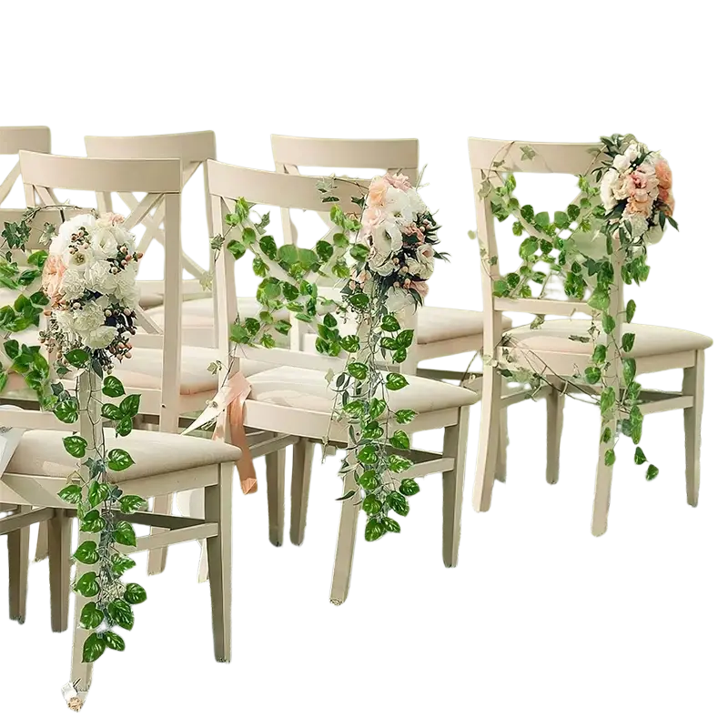 Beige wooden chairs decorated with 12m green artificial plant ivy leaf garland for garden wedding party decor