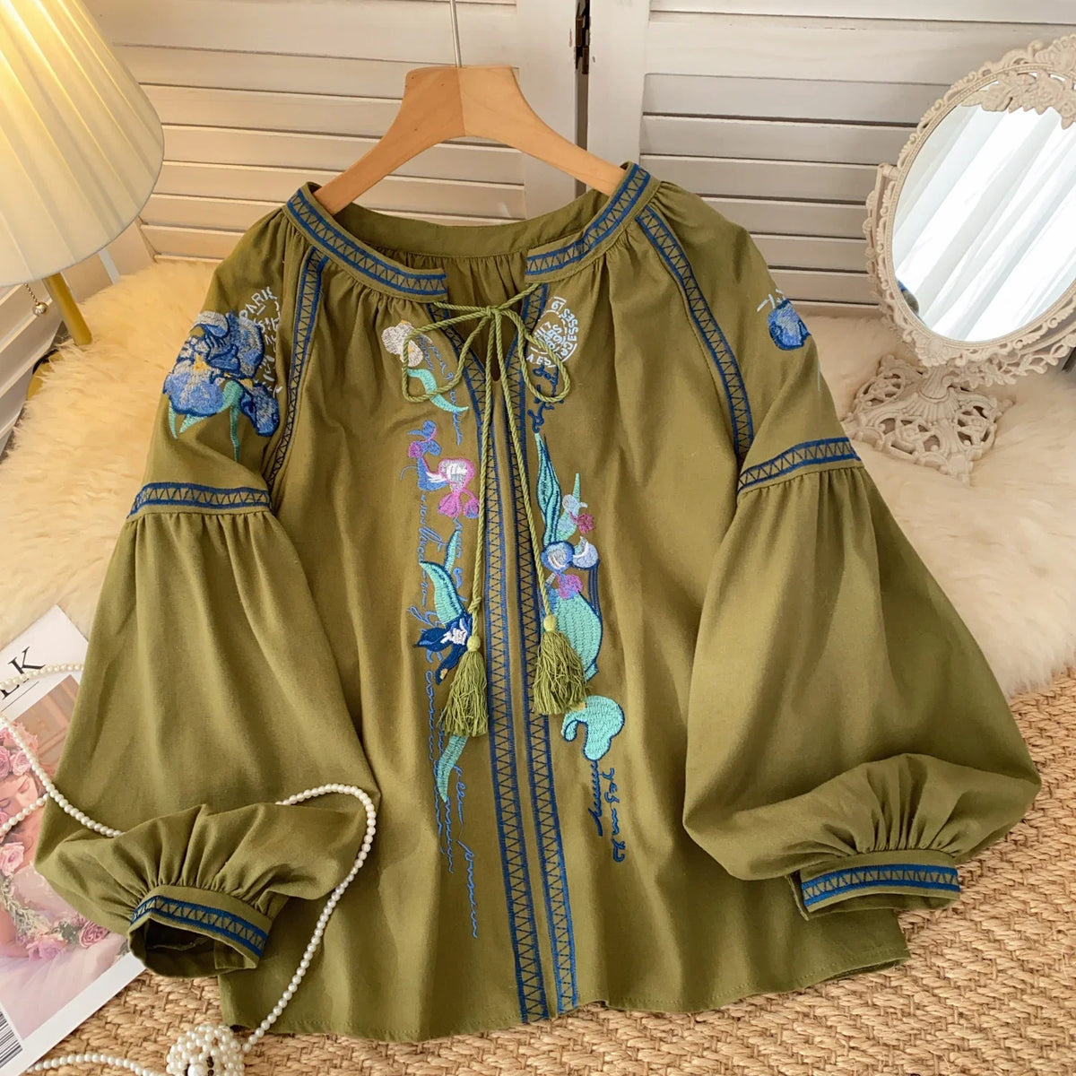 Cotton Ethnic Floral Embroidery Women Blouses Shirts Autumn Casual V Neck Tassel Lace-up Lantern Long Sleeve Blouse Boho Tops